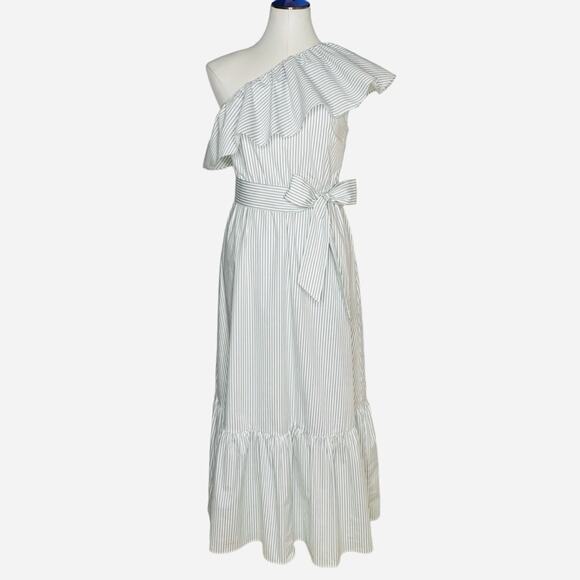 Express Striped One Shoulder Ruffle Tie Waist Poplin Maxi Dress - Picture 2 of 9